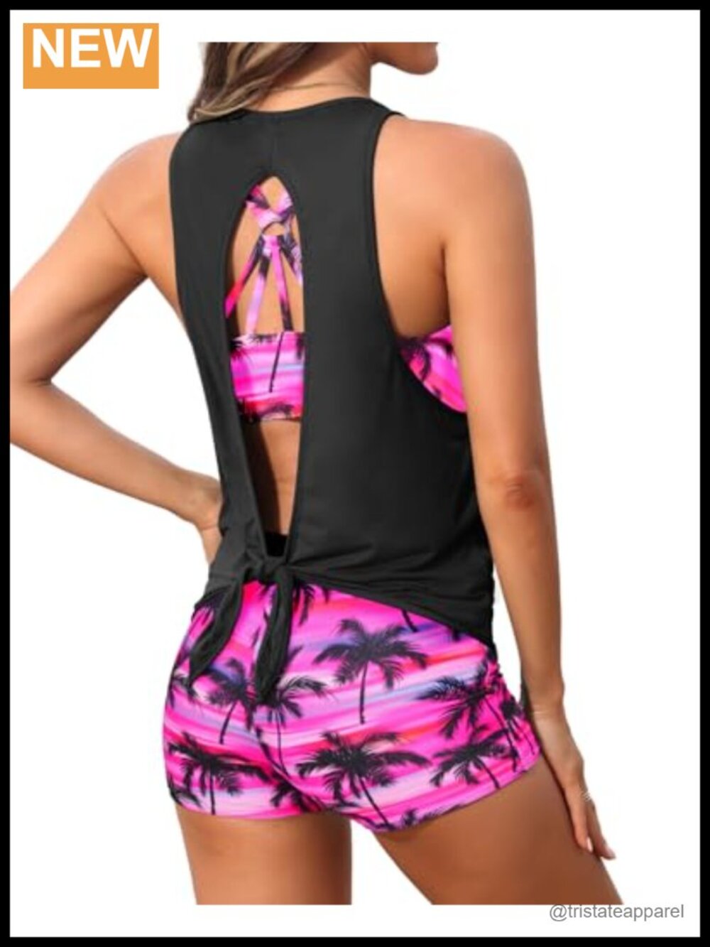 3 Piece Tankini Set Open Tie Back Tank Top Athletic Swim Shorts